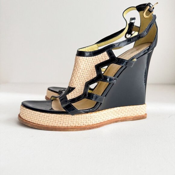 Pollini Raffia Patent Leather Navy Blue Wedge Summer Heels 40 - Picture 5 of 8